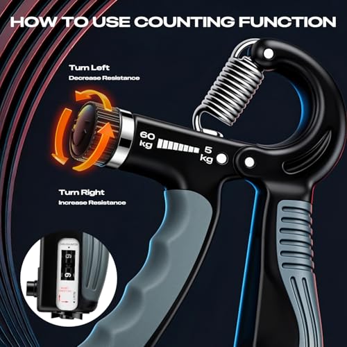 JTHEW Grip Strength Trainer - Adjustable Resistance 11-132lbs/5-60kg Hand Gripper & Forearm Strengthener Device with Smart Counter for Sports & Rehab - color: black grey