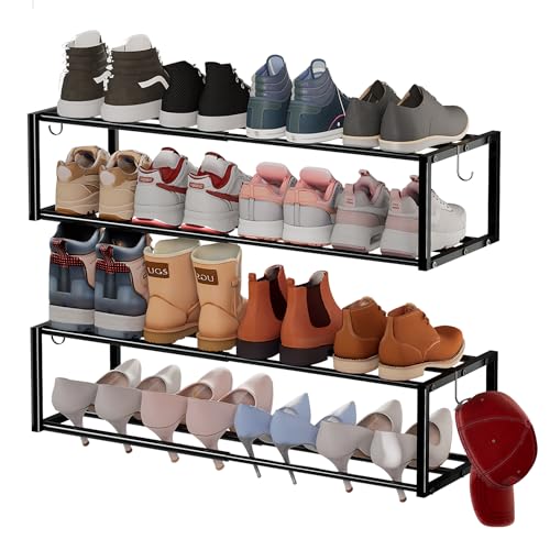 2 Pack Expandable Wall Mounted Shoe Rack, 17"-31" Adjustable Hanging Shoe Rack Holds 16 Pairs, Heavy Duty Metal Shoe Holder with 4 Storage Hooks, Space Saving for Entryway Closet Doorway（Black - color: Black, size: 2PACK
