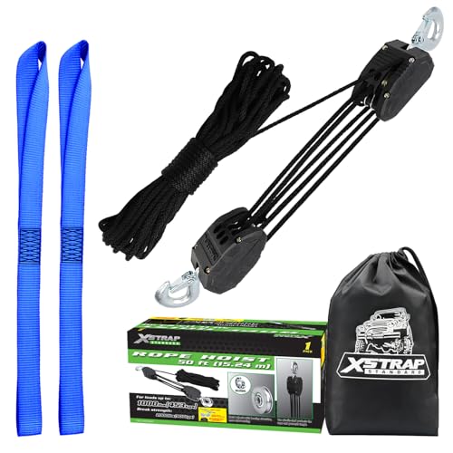 XSTRAP STANDARD Heavy-Duty 50 FT Rope Hoist Pulley System w/Metal Bearing | 2000Lbs break strength, 1 ton block & tackle pulley, 5:1 advantage, includes 2PK 18" soft loops, heavy-duty rope hoist, Black - color: 50ft Black Upgraded