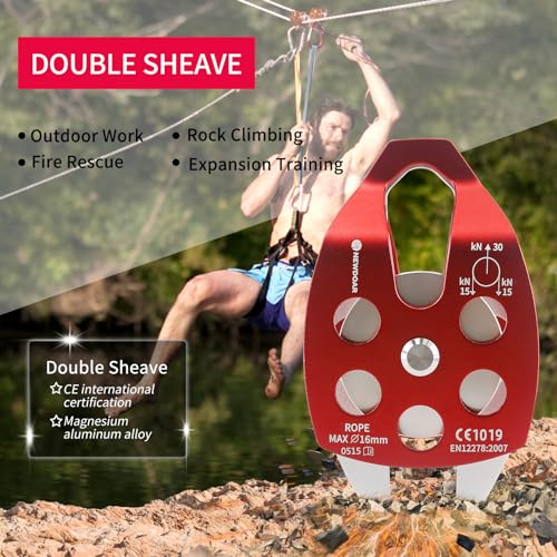 NewDoar 30 KN CE Certified Large Rescue Pulley Single/Double Sheave with Swing Plate - color: Double Pulley - Red 1pcs