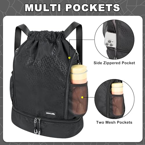 HOLYLUCK Drawstring Backpack Gym Bag with Shoe Compartment for Soccer,Basketball, String Swim Beach Bag for Men Women, Black - color: Black