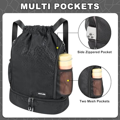 HOLYLUCK Drawstring Backpack Gym Bag with Shoe Compartment for Soccer,Basketball, String Swim Beach Bag for Men Women, Black - color: Black