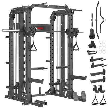 Smith Machine, 2600LBS Squat Rack, 7-in-1 Home Gym Cage with Adjustable Safety Bars, Pull-Up & LAT Pulldown - color: Black, size: P107 Only Smith Machine