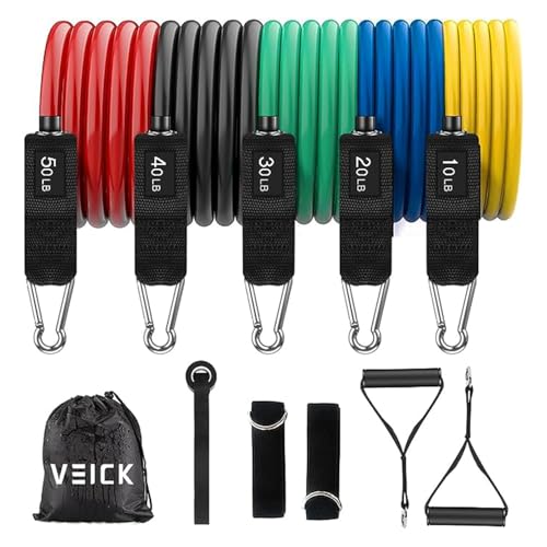 VEICK 10-150LBS Resistance Bands with Handles, Ankle Straps, Door Anchor | Accredited Lab Certified, 100% Natural Latex, Versatile for Yoga, Pilates, Strength, Home Gym - color: Colorful, style: 10-150LBS