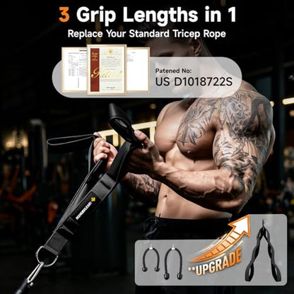 MANUEKLEAR 3 Grip Lengths in 1 Tricep Rope Cable Attachment with Ergonomic Handles, Greater ROM for Tricep Push Down Attachment Professional Gym Rope for Overhead Extension - color: Black
