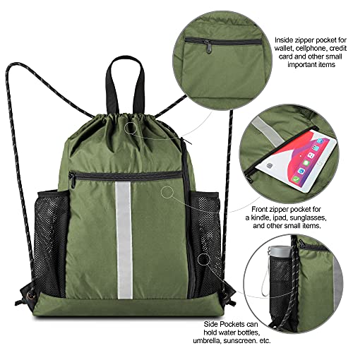 BeeGreen Moss Green Drawstring Bag Pack Sport Cinch Sack with Shoe Compartment and Two Side Mesh Pockets Heavy Duty Gym String Backpack for Unisex - color: Moss Green, style: Drawstring With Shoe Compartment