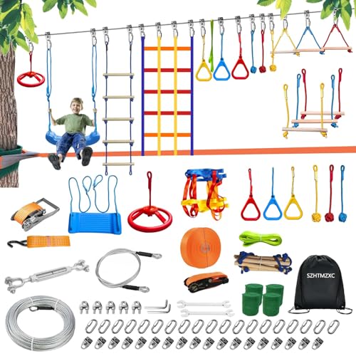 2x65FT Ninja Warrior Obstacle Course for Kids Outdoor, | Stainless Steel Rope, Bottom Slackline, 14 Ninja Course Children Toy Accessories, Climbing Net, Swing, CPSC Approval - size: 65FT 14Pcs Bottom Rope