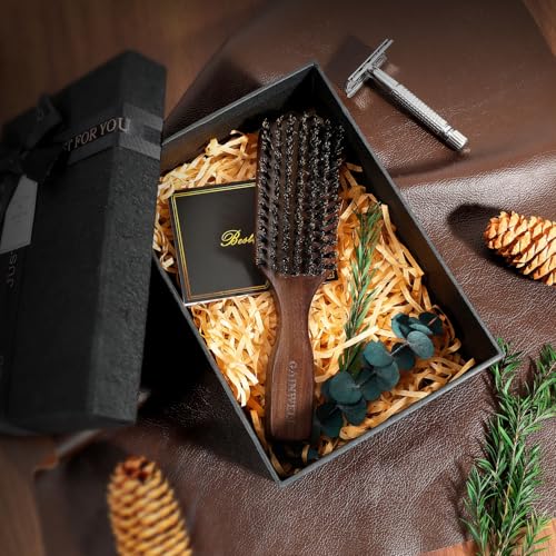 GAINWELL Wild Boar Bristle Hair Brush for Men, Slick Back Hair Brush with Stiff Boar Bristles for Thick Hair, Natural Black Walnut Wooden Handle Hairbrush, Beard Mustache Brush - Large - size: Large