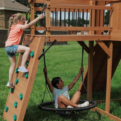 Backyard Discovery Sterling Point Cedar Wood Swing Set with Wave Slide, Raised Clubhouse, Wooden Bridge, Rock Wall, Belt Swings, Web Swing, Trapeze, Balcony, Climbing Wall, Ladder, Outdoor Playset - color: Grey Slide, style: Cedar