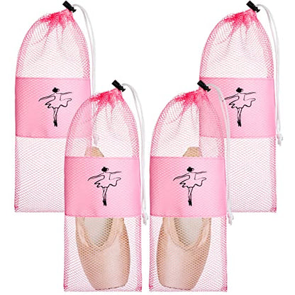 Shappy 4 Pcs Pointe Shoes Bag Mesh Dance Shoe Storage Ballet Accessories for Women Girls, Drawstring Pouch - color: pink
