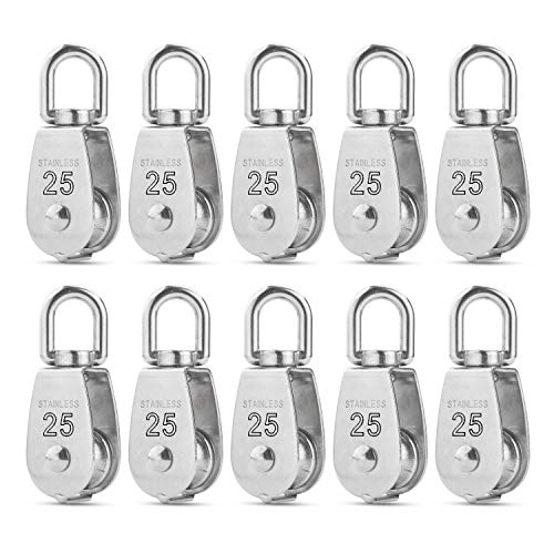 M25 Single Pulley Block Loading 550lbs, CBTONE 10 Pack 304 Stainless Steel Wire Rope Single Roller 25mm Lifting Crane Swivel Hook