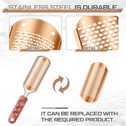Moxweyeni 14 Pack Colossal Foot File Pedicure Tool Set with 2 Style Large and Small Hole Replacement Callus Remover Blades Rose Gold Stainless Steel Detachable Pedicure Foot Rasp for Dead Skin Remover - color: Rose Gold