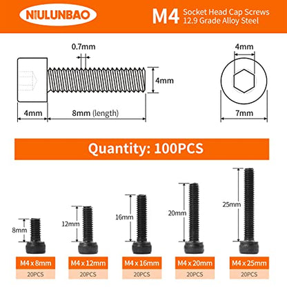 M4 x 8mm 12mm 16mm 20mm 25mm Hex Socket Head Cap Screws Bolts, 12.9 Grade Alloy Steel, Black Oxide Finish, Allen Hex Drive, Metric Machine Fully Threaded, Assortment Kit 100PCS - size: M4 x 8/12/16/20/25mm (100PCS)