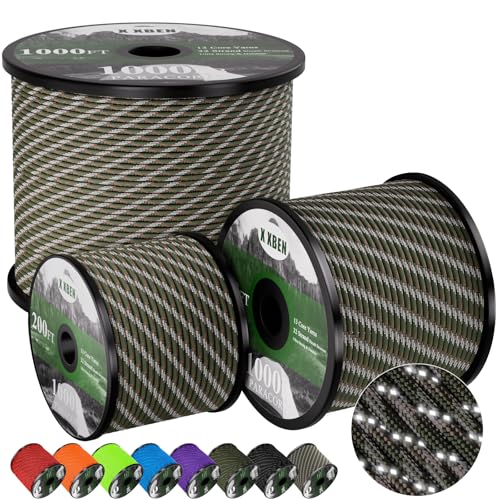 X XBEN Paracord Reflective 1000lb, 50/100/200/500/1000ft 4mm, 13 Strand Parachute Cord, Tactical Paracord Rope for Camping, Fishing, Clothesline, Hammock, Tent & Survival Bracelet, Forest Camo - color: Forest Camo, size: 100ft