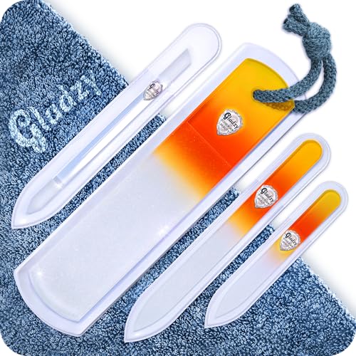 GLADZY Genuine Czech Glass Nail File Set - Callus Remover Foot Rasp, Cuticle Pusher Manicure Stick, Double Sided Etched Different Grit Surface, Professional Nail Care Tool, Made in EU - color: All-in-one Set - Yellow Orange