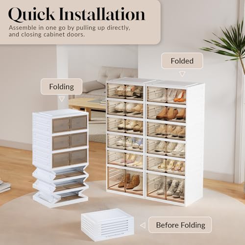6-Tier Foldable Shoe Rack Organizer, 24 Pairs Stackable & Collapsible Shoe Cabinet with Transparent Doors & Leather Handles, Space-Saving Storage for Entryway, Closet, Kitchen, Cabinet, White - size: 6 Tiers