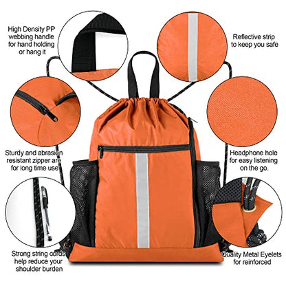 BeeGreen Orange Drawstring Backpack Bag Cinch Sack with Shoe Compartment and Two Side Mesh Pockets Lightweight Large Sturdy Drawstring Gym Sackpack For Unisex - color: Orange, style: Drawstring With Shoe Compartment