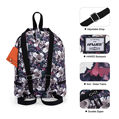 Dry Wet Drawstring Backpack with Shoe Compartment for Women Adjustable Gym Bag - color: Gray Rose