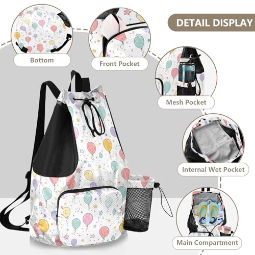 Mens Drawstring Bags Climbing Gym Bag With Water Bottle Holder Cinch Bags Wet and Dry Separation Cartoon Cute Colorful Balloons
