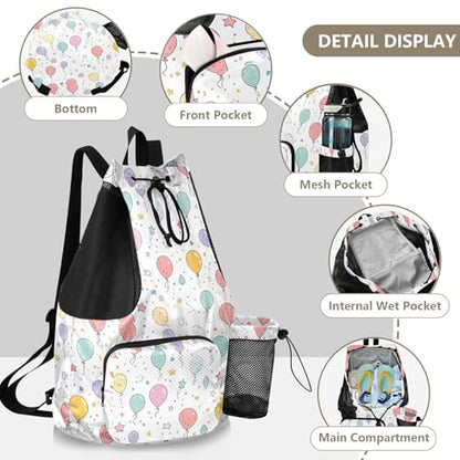 Mens Drawstring Bags Climbing Gym Bag With Water Bottle Holder Cinch Bags Wet and Dry Separation Cartoon Cute Colorful Balloons
