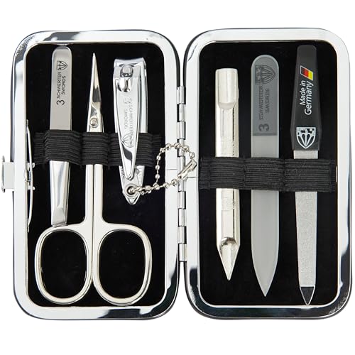 3 Swords Germany - Brand Quality 6 piece Manicure Pedicure Grooming kit Set - Scissors, Metal and Glass Nail File, Clipper, Tweezers with Synthetic Leather case - Brown II - color: Brown II