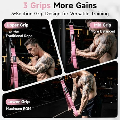 MANUEKLEAR 3 Grip Lengths in 1 Tricep Rope Cable Attachment with Ergonomic Handles, Greater ROM for Tricep Push Down Attachment Professional Gym Rope for Overhead Extension - color: Pink
