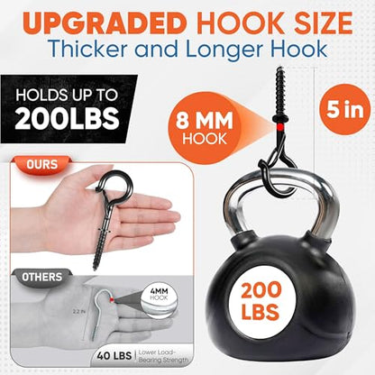 [HIGH-WORKLOAD] 200Lbs 4 Pcs Q-Hanger Hooks M8 with Washer & Safety Buckle, Heavy Duty 5’’ Windproof Screw Hooks for Hanging Plants, Yoga, Lights, Indoor & Outdoor Uses-Expansion Tubes, Screwdriver