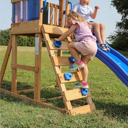 Backyard Discovery Bay Pointe Cedar Wood Swing Set with Wave Slide, Play Deck, Rock Wall Ladder, Belt Swings, Chalkboard, Canopy Roof, Outdoor Playset - color: Blue
