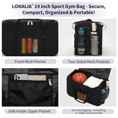 35L Sports Gym Duffle Bag - 19 inch Weekender Duffel for Workout, Basketball, Fitness, Training (Black) - color: Black