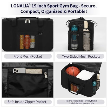 35L Sports Gym Duffle Bag - 19 inch Weekender Duffel for Workout, Basketball, Fitness, Training (Black) - color: Black