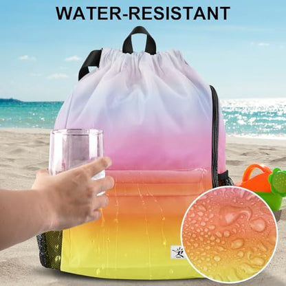 Drawstring Backpack with Mesh Pockets String Gym Bag Sackpack Sandproof Water Resistant Beach Backpack for Men Women - color: Gradient Rainbow