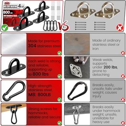 sprookber 304 Stainless Steel Pad Eye Snap Hooks, M6 Heavy Duty Ceiling Hooks, 800 lb Capacity Hammock Swing Hanging kit, Plant Hangers, Marine Hardware Staple Hook Loop with Screws, Set of 8(Black) - size: 2.3 inch, style: Black Oval