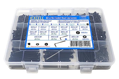 iexcell 1500 Pcs M3 x 4/6/8/10/12/16/20/25/30/35/40/45/50 Alloy Steel 12.9 Grade Hex Socket Head Cap Screws Bolts Nuts Washers Assortment Kit, Black Oxide Finish - size: M3 x 4/6/8/10/12/16/20/25/30/35/40/45/50mm