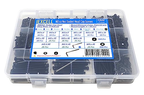 iexcell 1500 Pcs M3 x 4/6/8/10/12/16/20/25/30/35/40/45/50 Alloy Steel 12.9 Grade Hex Socket Head Cap Screws Bolts Nuts Washers Assortment Kit, Black Oxide Finish - size: M3 x 4/6/8/10/12/16/20/25/30/35/40/45/50mm