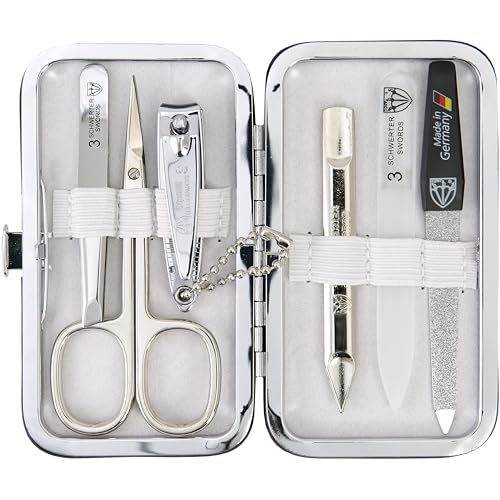 3 Swords Germany - Brand Quality 6 piece Manicure Pedicure Grooming kit Set - Scissors, Metal and Glass Nail File, Clipper, Tweezers with Synthetic Leather case - White - color: White