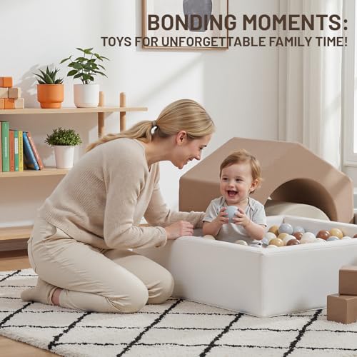 JungleDove 7Pcs Climbing Toys for Toddlers: with a Square Ball Pit for Toddlers - PU Leather Foam Climbing Blocks - Indoor Soft Play Set with Slide and Stair（NO Balls） - color: Beige, White