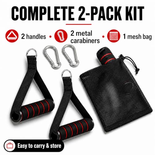 Cable Machine Handles 2 Pack, Foam Grip Exercise Handles with Carabiners and Mesh Bag for Lat Pulldown, Cable Rows, Tricep Pushdown, Resistance Bands and Home Gym Workouts