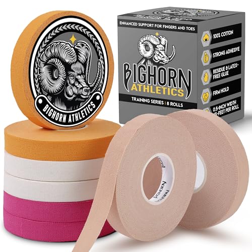 Bighorn Athletics Finger Tape, 0.5" × 45', 8 Rolls, Pink/White/Orange/Nude | Athletic Sports Tape for Jiu Jitsu, Climbing, Volleyball, Golf. Hands & Toes Support. Residue-Free, Zinc Oxide Adhesive. - color: Pink, White, Orange, Nude, size: 0.5-Inch
