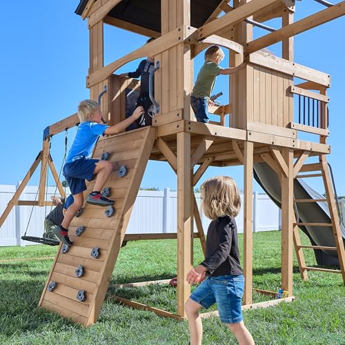Backyard Discovery Dover Bay Spruce Wood Swing Set with Wave Slide, Clubhouse, Monkey Bars, Rock Wall, Belt Swings, Step Ladder, Toy Telescope, Chalkboard, Outdoor Playset - color: Grey Slide, style: Spruce