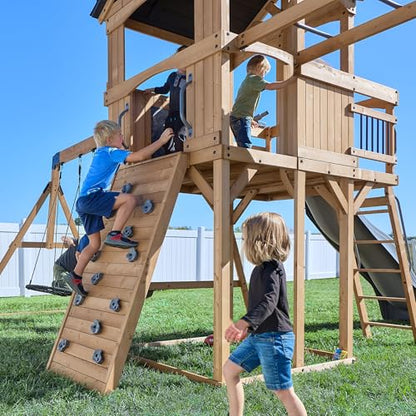 Backyard Discovery Dover Bay Spruce Wood Swing Set with Wave Slide, Clubhouse, Monkey Bars, Rock Wall, Belt Swings, Step Ladder, Toy Telescope, Chalkboard, Outdoor Playset - color: Grey Slide, style: Spruce