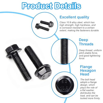 M6-1.0 x 20mm Flanged Hex Head Bolts Flange Hexagon Screws, External Flange Hex Drive Screws,Class 10.9 Black Finish,Alloy Steel, Fully Threaded, 48 PCS - size: M6x20mm
