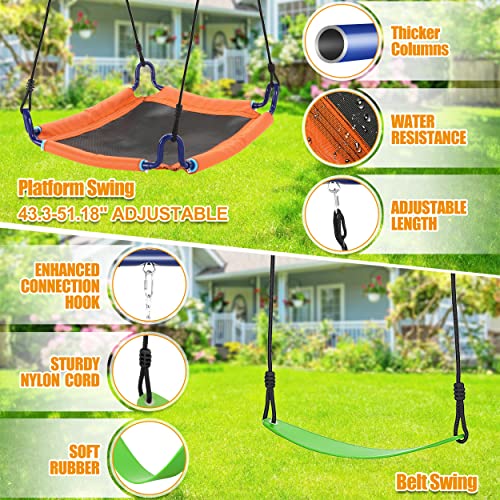 Swing Set for Backyard 550lbs - 6 in 1 Playground Sets for Backyards Safe Platform Swing for Kids Outdoor Heavy Duty Metal Frame with 3 Adjustable Swings Climbing Net Climbing Ladder Basketball Hoop