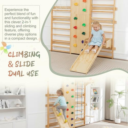 10-in-1 Swedish Ladder Indoor Jungle Gym for Kids Ages 3–12, 500 LBS Wooden Wall-Mounted Climbing Set with Slide, Swing, Rings, Monkey Bars – Montessori Play & Fitness Playground - size: 10-in-1