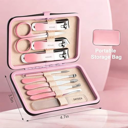 Manicure Set, 10 pcs High-Carbon Steel Nail Clippers Set, Portable Mini Manicure and Pedicure Kit, Travel Grooming Nail Kit with Leather Bag for Men and Women - color: RosePink