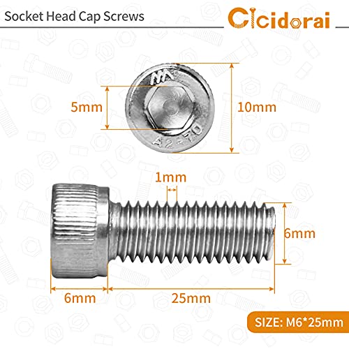 M6-1.0 x 25mm Socket Head Cap Screws Bolts, 304 Stainless Steel (A2-70), Allen Socket Drive, Bright Finish, Full Machine Threads, Quantity 25 - size: M6 x 25mm(25 PCS)