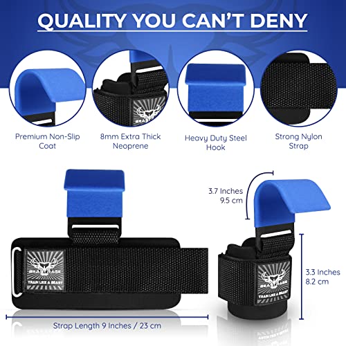 BEAST RAGE Workout Hooks for Men, Durable Coated Grip Gym Straps for Weightlifting Wrist Wraps Training Weight Lifting Strength Fitness Bodybuilding Anti Slip Women Hook Exercise - color: Blue