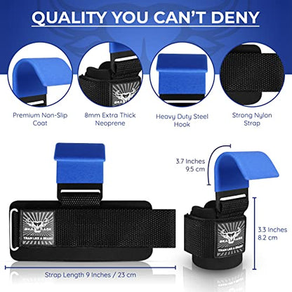 BEAST RAGE Workout Hooks for Men, Durable Coated Grip Gym Straps for Weightlifting Wrist Wraps Training Weight Lifting Strength Fitness Bodybuilding Anti Slip Women Hook Exercise - color: Blue
