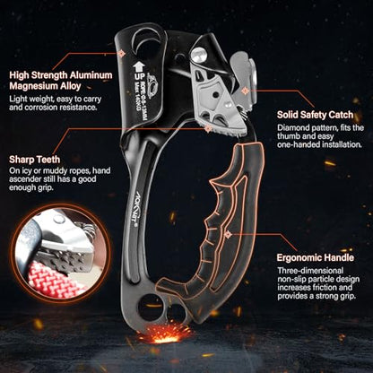 UIAA & CE Certified Rope Ascender Aluminum Alloy Rock Climbing Gear Strong Rigging Rappelling Equipment for Rock Tree Climbing Arborist Rescue Mountaineering Caving - color: Right Hand Black 2