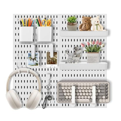 Pegboard Wall Organizer Set – 4 Peg Boards with Hooks & Shelves – Office, Kitchen, Gaming Room Desk Pegboard Storage – Peg Board Wall Display Rack (White) - color: White