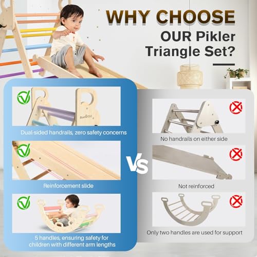 Pikler Triangle Set with Safe Handle, Climbing Toys for 1-3 Year | Foldable 7-in-1 Montessori Toddler Climbing Toys Indoor, Wooden Pickler Climbing Set, Baby Jungle Gym & Playground, Rainbow - color: Rainbow